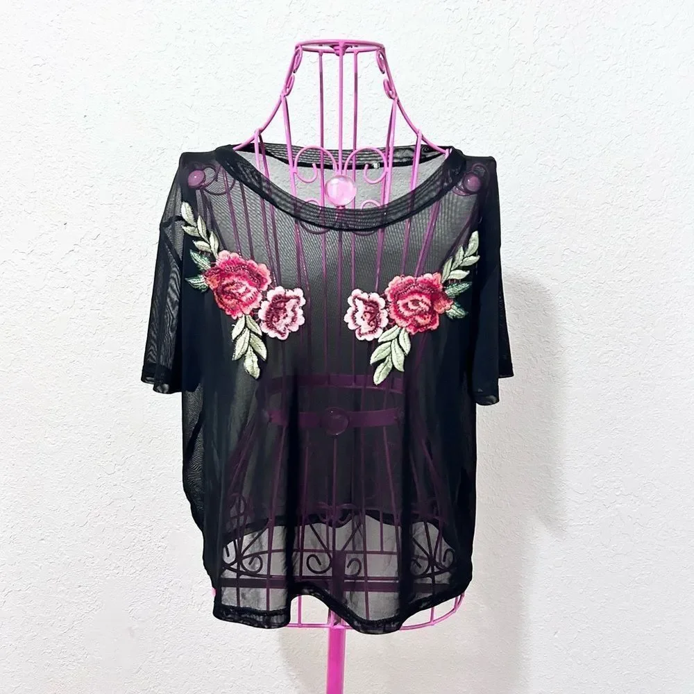 Black mesh rose embroidered shirt size small - Picture 3 of 16